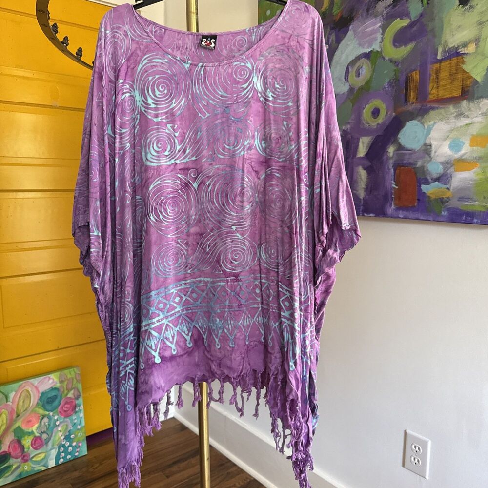 Purple Batik Kaftan With Fringe Tunic or Coverup